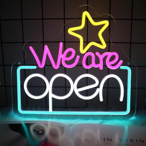 BedEuu We Are Open" Neonschild – dimmbares LED-offenes Schild für Geschäft, USB-betriebene Fensterdekoration, Licht für Geschäft, Bar, Café, Restaurant, Salon (31 x 34,5 cm) von BedEuu