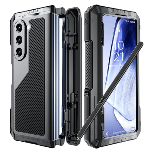 Beeasy für Samsung Galaxy Z Fold 5 Hülle, 360 Grad Outdoor Stoßfeste Schutzhülle mit S Pen Halter und Scharnierschutz, Robuste Metall Heavy Duty Case mit Displayschutz und Ständer von Beeasy