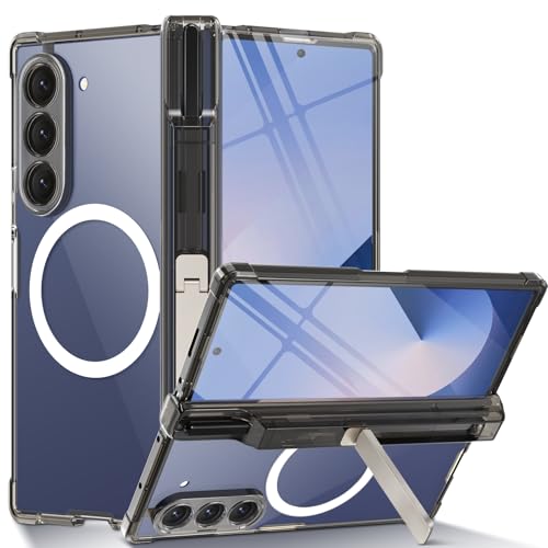 Beeasy für Samsung Galaxy Z Fold 6 Hülle, mit S Pen Stifthalter & Ständer & Vorderseite Displayschutz, Hart PC Stoßfeste Magnetische Handyhülle, Transluzent Schwarz von Beeasy
