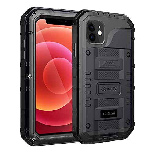 Beeasy für iPhone 12 Mini Wasserdicht Outdoor Hülle, Militär 360 Grad Stoßfest Panzerhülle Schutzhülle mit Displayschutz, Robust Metall Heavy Duty Handyhülle iPhone 12 Mini Case (5,4"), Schwarz von Beeasy
