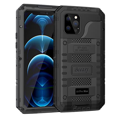 Beeasy für iPhone 12 Pro Max Wasserdicht Outdoor Hülle (6,7"), Stoßfest Panzerhülle 360 Grad Schutzhülle mit Displayschutz, Robust Metall Heavy Duty Handyhülle iPhone 12 Pro Max Case, Schwarz von Beeasy