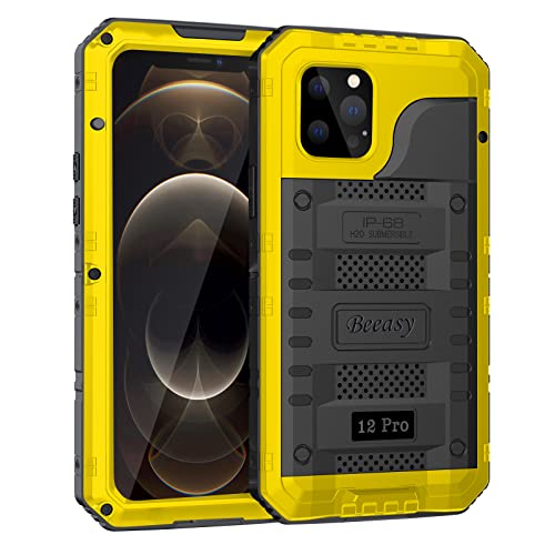 Beeasy für iPhone 12 Pro Wasserdicht Outdoor Hülle (6,1"), Stoßfest Panzerhülle Militär 360 Grad Schutzhülle mit Displayschutz, Robust Metall Heavy Duty Handyhülle iPhone 12 Pro Case, Gelb von Beeasy