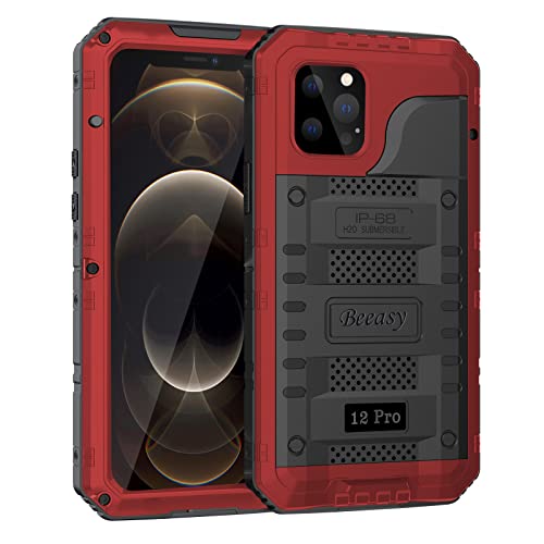 Beeasy für iPhone 12 Pro Wasserdicht Outdoor Hülle (6,1"), Stoßfest Panzerhülle Militär 360 Grad Schutzhülle mit Displayschutz, Robust Metall Heavy Duty Handyhülle iPhone 12 Pro Case, Rot von Beeasy