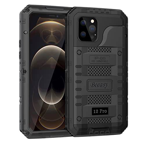 Beeasy für iPhone 12 Pro Wasserdicht Outdoor Hülle (6,1"), Stoßfest Panzerhülle Militär 360 Grad Schutzhülle mit Displayschutz, Robust Metall Heavy Duty Handyhülle iPhone 12 Pro Case, Schwarz von Beeasy