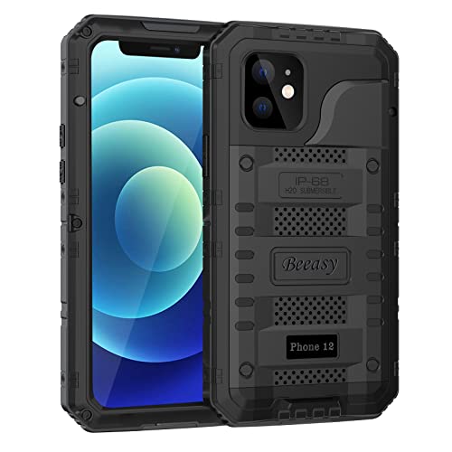 Beeasy für iPhone 12 Wasserdicht Outdoor Hülle (6,1"), Stoßfest Panzerhülle Militär 360 Grad Schutzhülle mit Displayschutz, Robust Metall Heavy Duty Handyhülle iPhone 12 Case, Schwarz von Beeasy