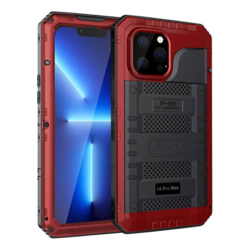 Beeasy für iPhone 13 Pro Max Wasserdicht Outdoor Hülle (6,7"), Stoßfest Panzerhülle Militär 360 Grad Schutzhülle mit Displayschutz, Robust Metall Heavy Duty Handyhülle iPhone 13 Pro Max Case, Rot von Beeasy