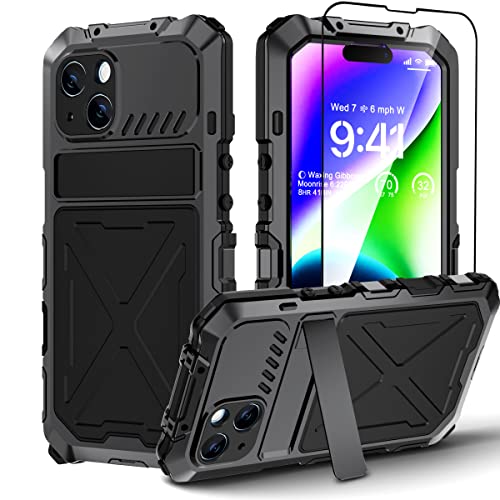 Beeasy für iPhone 14 Hülle (6,1"), Outdoor Metall Handyhülle iPhone 14 Case mit [Ständer und Glas Displayschutz] 360 Grad Schutzhülle Stoßfest Panzerhülle Robust Heavy Duty Hardcase, Schwarz von Beeasy