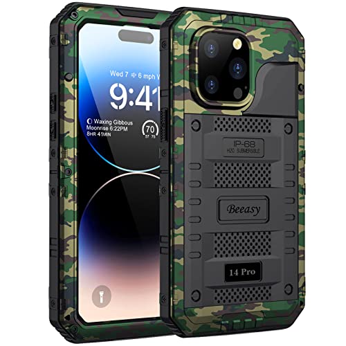 Beeasy für iPhone 14 PRO Wasserdicht Outdoor Hülle (6,1"), Stoßfest Panzerhülle Militär 360 Grad Schutzhülle mit Displayschutz, Robust Metall Heavy Duty Handyhülle iPhone 14 Pro Case, Camouflage von Beeasy