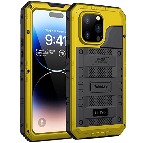 Beeasy für iPhone 14 PRO Wasserdicht Outdoor Hülle (6,1"), Stoßfest Panzerhülle Militär 360 Grad Schutzhülle mit Displayschutz, Robust Metall Heavy Duty Handyhülle iPhone 14 Pro Case, Gelb von Beeasy