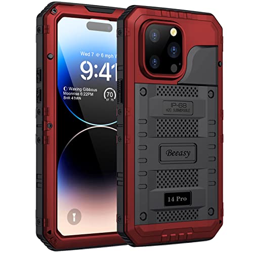 Beeasy für iPhone 14 PRO Wasserdicht Outdoor Hülle (6,1"), Stoßfest Panzerhülle Militär 360 Grad Schutzhülle mit Displayschutz, Robust Metall Heavy Duty Handyhülle iPhone 14 Pro Case, Rot von Beeasy