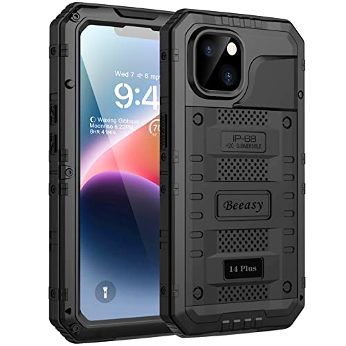 Beeasy für iPhone 14 Plus Wasserdicht Outdoor Hülle (6,7"), Stoßfest Panzerhülle Militär 360 Grad Schutzhülle mit Displayschutz, Robust Metall Heavy Duty Handyhülle iPhone 14 Plus Case, Schwarz von Beeasy