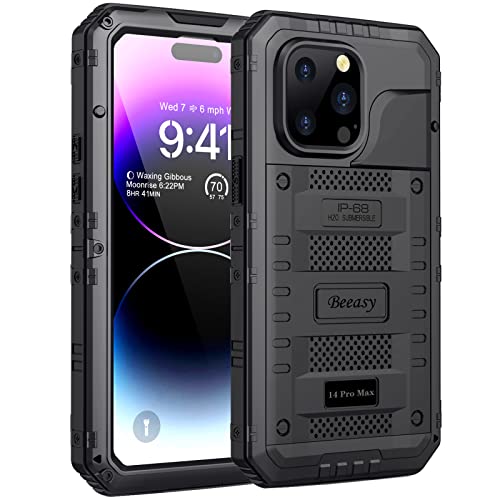 Beeasy für iPhone 14 Pro Max Wasserdicht Outdoor Hülle (6,7"), Stoßfest Panzerhülle Militär 360 Grad Schutzhülle mit Displayschutz, Robust Metall Heavy Duty Handyhülle Case, Schwarz von Beeasy