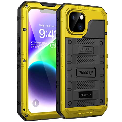 Beeasy für iPhone 14 Wasserdicht Outdoor Hülle (6,1"), Stoßfest Panzerhülle Militär 360 Grad Schutzhülle mit Displayschutz, Robust Metall Heavy Duty Handyhülle iPhone 14 Case, Gelb von Beeasy