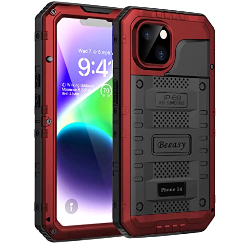 Beeasy für iPhone 14 Wasserdicht Outdoor Hülle (6,1"), Stoßfest Panzerhülle Militär 360 Grad Schutzhülle mit Displayschutz, Robust Metall Heavy Duty Handyhülle iPhone 14 Case, Rot von Beeasy