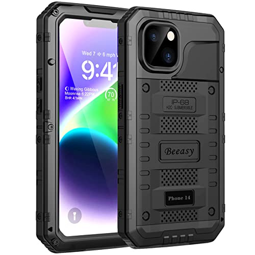 Beeasy für iPhone 14 Wasserdicht Outdoor Hülle (6,1"), Stoßfest Panzerhülle Militär 360 Grad Schutzhülle mit Displayschutz, Robust Metall Heavy Duty Handyhülle iPhone 14 Case, Schwarz von Beeasy