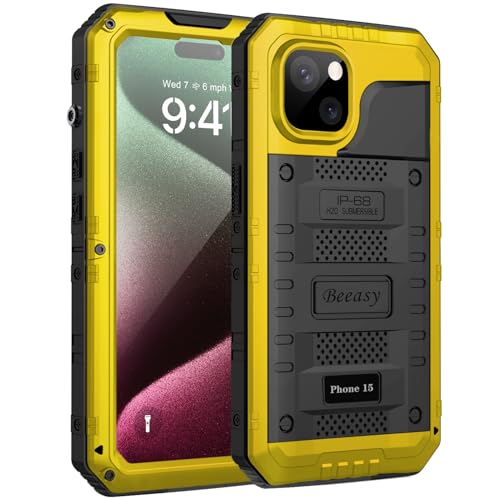 Beeasy für iPhone 15 Hülle Wasserdicht Outdoor Stoßfest Metall Schutzhülle, Militär 360 Grad Panzerhülle Staubdicht mit Displayschutz Robust Hardcase Heavy Duty Handyhülle Case 6,1", Gelb von Beeasy