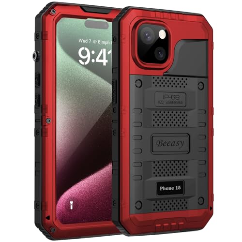 Beeasy für iPhone 15 Hülle Wasserdicht Outdoor Stoßfest Metall Schutzhülle, Militär 360 Grad Panzerhülle Staubdicht mit Displayschutz Robust Hardcase Heavy Duty Handyhülle Case 6,1", Rot von Beeasy