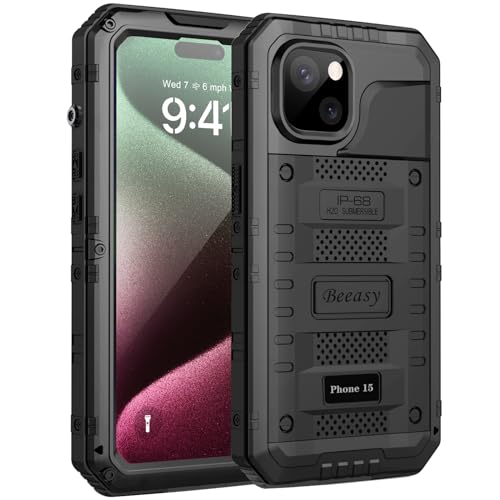 Beeasy für iPhone 15 Hülle Wasserdicht Outdoor Stoßfest Metall Schutzhülle, Militär 360 Grad Panzerhülle Staubdicht mit Displayschutz Robust Hardcase Heavy Duty Handyhülle Case 6,1", Schwarz von Beeasy