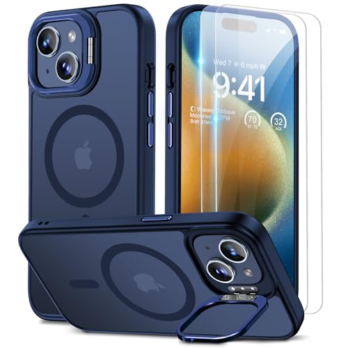 Beeasy für iPhone 15 Hülle für MagSafe mit Ständer, Handyhülle mit 2 Stück Schutzfolie für iPhone 15 Case Magnetische Stoßfest Schutzhülle Cover, Durchscheinend Matt Blau von Beeasy