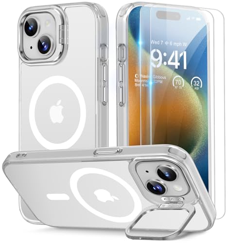 Beeasy für iPhone 15 Hülle für MagSafe mit Ständer, Handyhülle mit 2 Stück Schutzfolie für iPhone 15 Case Magnetische Stoßfest Schutzhülle Cover, Durchscheinend Matt Weiß von Beeasy