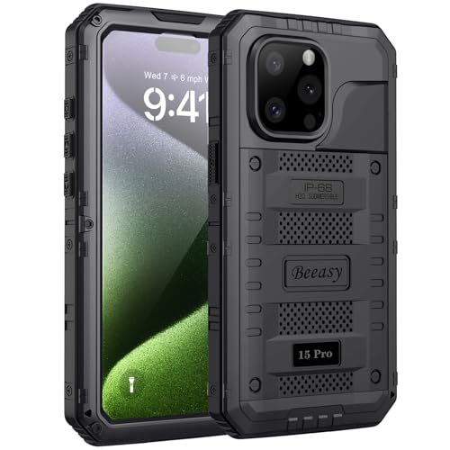 Beeasy für iPhone 15 Pro Hülle Wasserdicht Outdoor Stoßfest Metall Schutzhülle, Militär 360 Grad Panzerhülle Staubdicht mit Displayschutz Robust Hardcase Heavy Duty Handyhülle Case 6,1", Schwarz von Beeasy