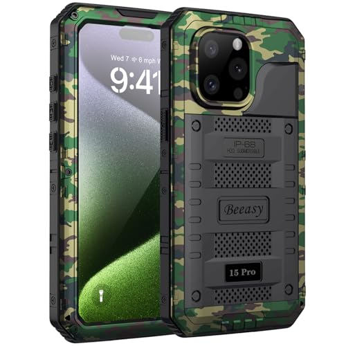 Beeasy für iPhone 15 Pro Hülle Wasserdicht Outdoor Stoßfest Metall Schutzhülle, Militär 360 Grad Panzerhülle Staubdicht mit Displayschutz Robust Hardcase Heavy Duty Handyhülle Case 6,1", Camouflage von Beeasy