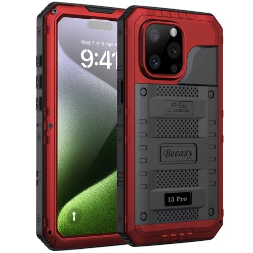 Beeasy für iPhone 15 Pro Hülle Wasserdicht Outdoor Stoßfest Metall Schutzhülle, Militär 360 Grad Panzerhülle Staubdicht mit Displayschutz Robust Hardcase Heavy Duty Handyhülle Case 6,1", Rot von Beeasy