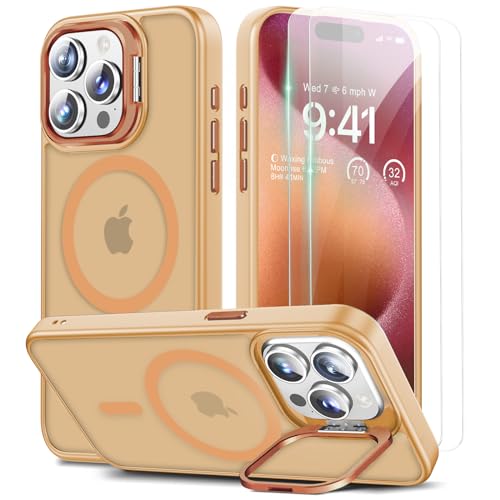 Beeasy für iPhone 15 Pro Hülle für MagSafe mit Ständer, Handyhülle mit 2 Stück Schutzfolie für iPhone 15 Pro Case Magnetische Stoßfest Schutzhülle Cover, Durchscheinend Matt Orange von Beeasy