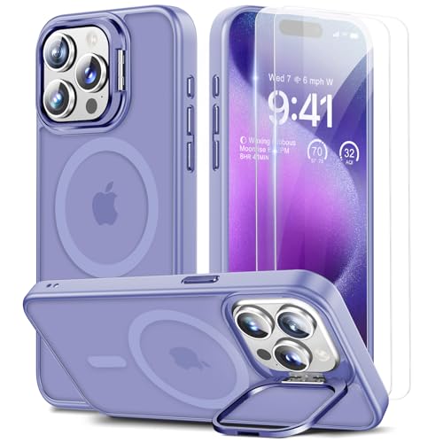 Beeasy für iPhone 15 Pro Hülle für MagSafe mit Ständer, Handyhülle mit 2 Stück Schutzfolie für iPhone 15 Pro Case Magnetische Stoßfest Schutzhülle Cover, Durchscheinend Matt Violett von Beeasy