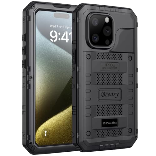 Beeasy für iPhone 15 Pro Max Hülle Wasserdicht Outdoor Stoßfest Metall Schutzhülle, Militär 360 Grad Panzerhülle Staubdicht mit Displayschutz Robust Hardcase Heavy Duty Handyhülle Case 6,7", Schwarz von Beeasy