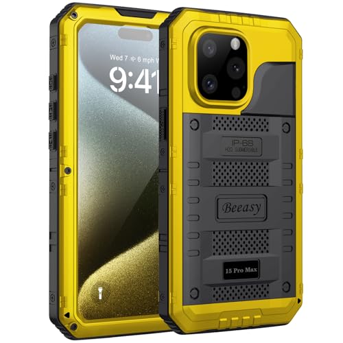 Beeasy für iPhone 15 Pro Max Hülle Wasserdicht Outdoor Stoßfest Metall Schutzhülle, Militär 360 Grad Panzerhülle Staubdicht mit Displayschutz Robust Hardcase Heavy Duty Handyhülle Case 6,7", Gelb von Beeasy