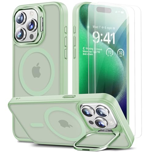 Beeasy für iPhone 15 Pro Max Hülle für MagSafe mit Ständer, Handyhülle mit 2 Stück Schutzfolie für iPhone 15 Pro Max Case Magnetische Stoßfest Schutzhülle Cover, Durchscheinend Matt Grün von Beeasy