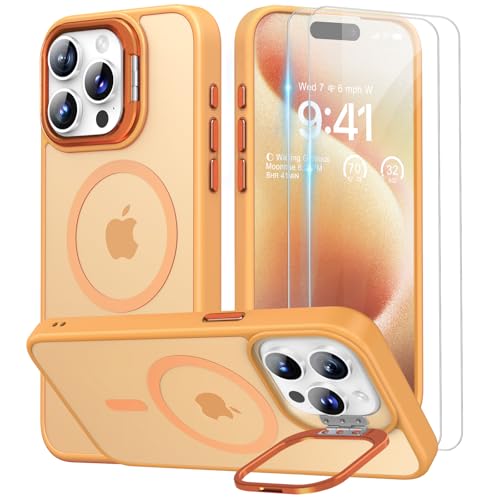 Beeasy für iPhone 15 Pro Max Hülle für MagSafe mit Ständer, Handyhülle mit 2 Stück Schutzfolie für iPhone 15 Pro Max Case Magnetische Stoßfest Schutzhülle Cover, Durchscheinend Orange von Beeasy