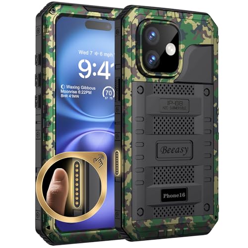 Beeasy für iPhone 16 Hülle Wasserdicht Outdoor Stoßfest Metall Schutzhülle, Militär 360 Grad Panzerhülle Staubdicht mit Displayschutz Robust Hardcase Heavy Duty Handyhülle Case 6,1", Camouflage Beeasy für iPhone 16 Hülle Wasserdicht Outdoor Stoßfest Metall Schutzhülle, Militär 360 Grad Panzerhülle Staubdicht mit Displayschutz Robust Hardcase Heavy Duty Handyhülle Case 6,1", Camouflage von Beeasy