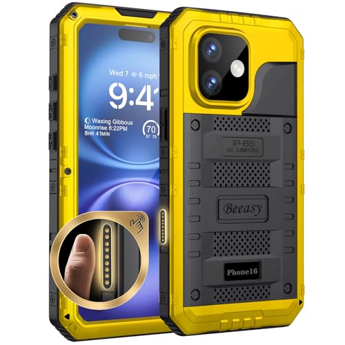 Beeasy für iPhone 16 Hülle Wasserdicht Outdoor Stoßfest Metall Schutzhülle, Militär 360 Grad Panzerhülle Staubdicht mit Displayschutz Robust Hardcase Heavy Duty Handyhülle Case 6,1", Gelb Beeasy für iPhone 16 Hülle Wasserdicht Outdoor Stoßfest Metall Schutzhülle, Militär 360 Grad Panzerhülle Staubdicht mit Displayschutz Robust Hardcase Heavy Duty Handyhülle Case 6,1", Gelb von Beeasy