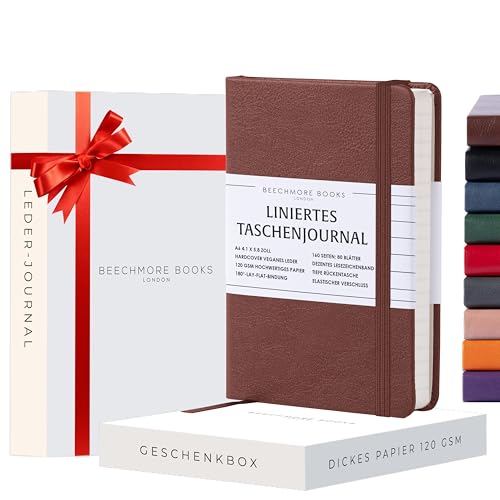 Beechmore Books Notizbuch liniert - A6, Braun, Taschenformat I Premium Hardcover Diary aus veganem Leder, 120gsm creme Papier, Geschenkbox, für Schriftsteller, Journalisten, Meetings & Studenten von Beechmore Books