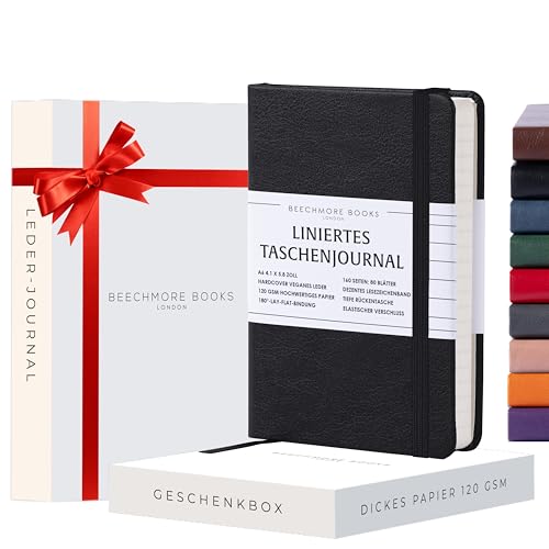 Beechmore Books Notizbuch liniert - A6, Schwarz, Taschenformat I Premium Hardcover Diary aus veganem Leder, 120gsm creme Papier, Geschenkbox, für Schriftsteller, Journalisten, Meetings & Studenten von Beechmore Books