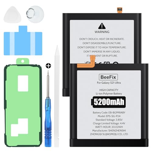 Akku für Samsung Galaxy S21 Ultra, 5200mAh Hochkapazitäts-Ersatzakku für Galaxy S21 Ultra(EB-BG998ABY) mit professionellen Reparaturwerkzeugen von Beefix