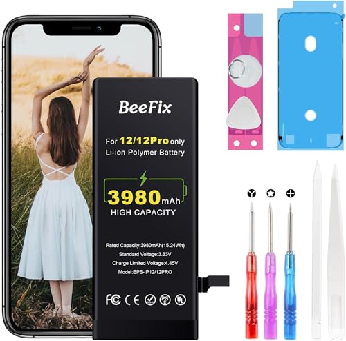 Beefix Akku für iPhone 12 Pro: Hohe Kapazität 3980mAh Li-Ion Ersatzakku für iPhone 12 Pro mit Professionellen Reparaturwerkzeugen Ersatzbatterie Kompatibel mit Modell A2172, A2403, A2341, A2407 von Beefix