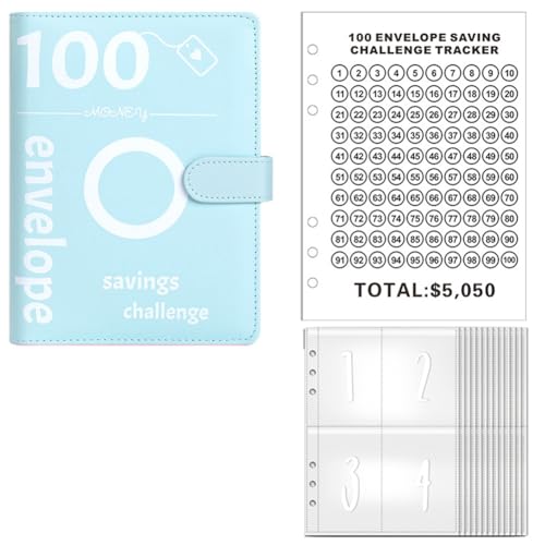 Geldspar-Challenge mit 100 Umschlägen, Challenge-Ordner mit 100 Umschlägen, Geldsparordner, Haushaltsbuch (Blau) von Beelooom