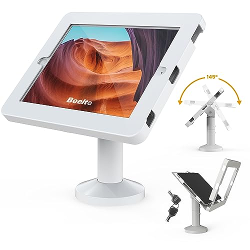 Beelta Kiosk Tablet-Ständer für 10,2 Zoll iPad 7. / 8. Generation, Business Desktop POS iPad Ständer, Anti-Diebstahl-Arbeitsplatte, iPad-Ständer, neigbar, um 180° für Kassierer, Metall, Weiß von Beelta