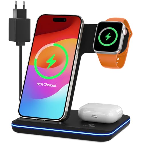 Induktive Ladestation für Apple Wireless Charger 3 in 1: 2024 Neu Kabelloses Ladegerät für iP.Hone 15/14/13/12/11/Pro/Max/XS/XR/X/8/Plus, Apple Watch 2/3/4/5/6/7/8/9 und Air.Pods von Beenate