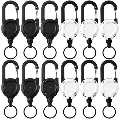 Beeveer 12 x robuste, einziehbare Schlüsselanhänger-Clips, Schlüsselhalter, taktischer Ausweishalter, mit 60 cm einziehbarer Stahlschnur, Schlüsselanhänger, Ausweishalter für Damen und Herren (Schwarz von Beeveer