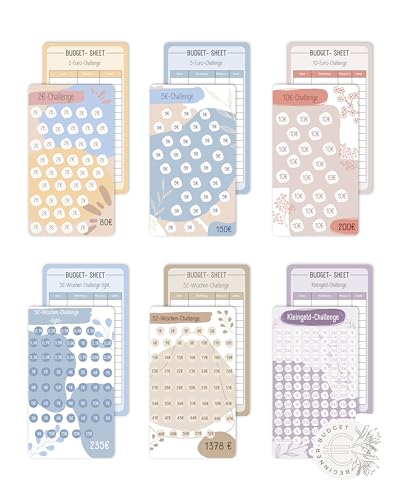 Beginner-Budget® - Sparchallenge Budgetplaner (6er Set)| Spar Challenge Set mit 2€ | 5€ | 10€ | Kleingeld | 52 Wochen | 52 Wochen-light Challenges | A6 von Beginner-Budget