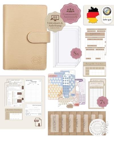 BeginnerBudget® Budget Planner Deutsch - Starterset mit Sparchallenge Budgetplaner - Sparen mit Umschlagmethode + Anleitung - Ringbuch A6 - Binder A6 Gecko-Style (Beige) von Beginner-Budget