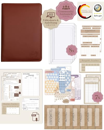 BeginnerBudget® Budget Planner Deutsch - Starterset mit Sparchallenge Budgetplaner - Sparen mit Umschlagmethode + Anleitung - Ringbuch - Binder A6 Geldbeutel Zipper (Braun) von Beginner-Budget