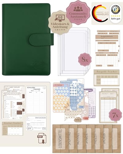 BeginnerBudget® Budget Planner Deutsch - Starterset mit Sparchallenge Budgetplaner - Sparen mit Umschlagmethode + Anleitung - Ringbuch - Binder A6 Glattleder-Style (Grün) von Beginner-Budget