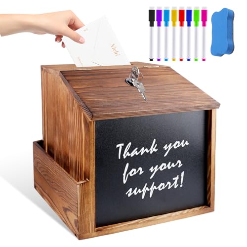 Holz Vorschlagsbox, Spendenbox Abschließbar Mit 8-Farben-Tafelstift und nichtmagnetischem Tafelwischer, Kummerkasten für Schule, Büro, Krankenhaus, Vorschlag, Spende, Stimmzettel(21 * 20 * 16.5cm) von Behogan