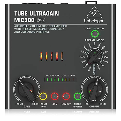 Behringer TUBE ULTRAGAIN MIC500USB Audiophiler Vakuumröhren-Vorverstärker mit Preamp-Modeling-Technologie und USB/Audio-Interface von Behringer