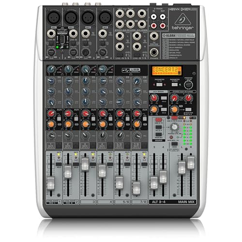 Behringer XENYX QX1204USB Premium 2/2-Bus-Mixer mit 12 Eingängen, XENYX-Mikrofonvorverstärkern und -Kompressoren, Klark Teknik Multi-FX-Prozessor, Wireless-Option und USB/Audio-Schnittstelle von Behringer